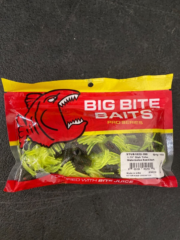 Photo 1 of Big Bite Baits 1.75" Slab Tube/Watermelon RED/Chartreuse (100 Pack)