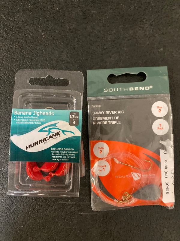 Photo 1 of 2 Size South Bend 3-Way River Fishing Rig 36 Leader + Hurricane Banana Jigheads Red 1/2oz 4 Count