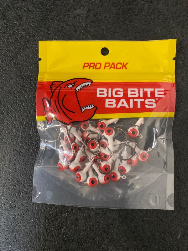 Photo 1 of Big Bite Baits Double 2 Eye 2 Color Round Ball Jighead Red/White, 25 Pack, 1/8 oz.
