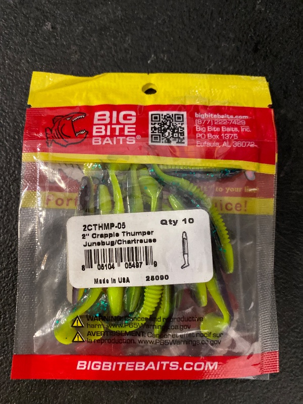 Photo 1 of Big Bite Baits Fat Grub 2" Twist Tail Checker, 10 Pack + Crappie Thumper 2" Junebug Chart 10 Pack