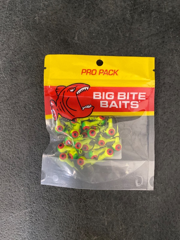 View 2 of Big Bite Baits Round Ball Jigheads 25-Pack Lime/Chart, 1/8 oz.