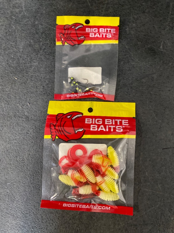 View 3 of Big Bite Baits 2" Ring Triple Tip Grub Baits Red , 10 Pack + Big Bite Baits BBJ Jig Heads Black Chartreuse Eye, 1/48 Oz. ,10 Pack
