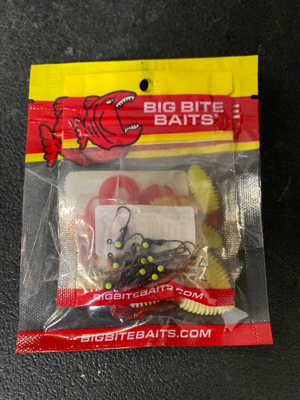 View 4 of Big Bite Baits 2" Ring Triple Tip Grub Baits Red , 10 Pack + Big Bite Baits BBJ Jig Heads Black Chartreuse Eye, 1/48 Oz. ,10 Pack