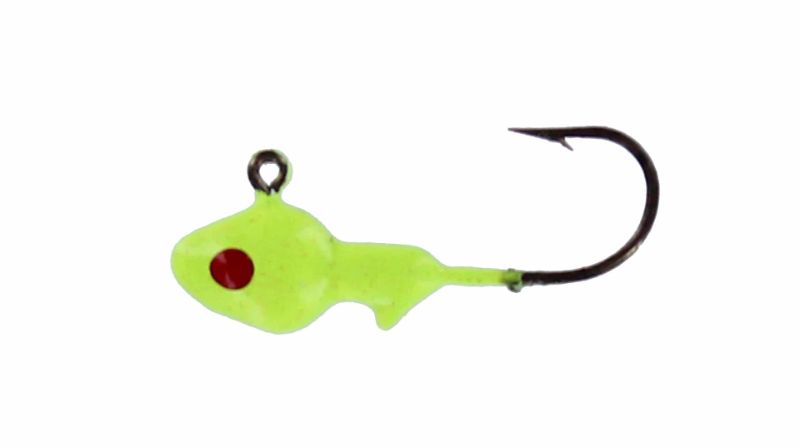 Photo 1 of Big Bite Baits 2-1/2" Minnow Grubs 10-Pack Black Black/Ch + Minnow Head Jig 1/8 oz. , Chartreuse/Red Eye, 8 Pack