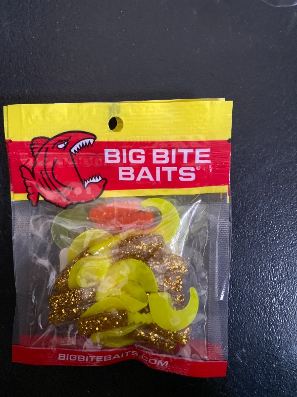 Photo 1 of Big Bite Baits 2" Fat Grub Orange/ Chartreuse 10 Pack + Big Bite Baits Curly Tail Crappie Minnr Grub Gold Digger 2" 10 Pack