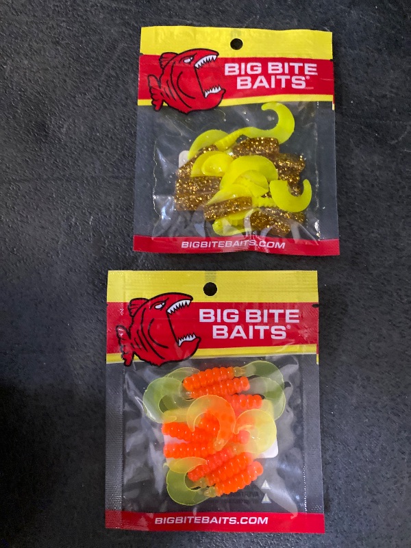 Photo 1 of Big Bite Baits 2" Fat Grub Orange/ Chartreuse 10 Pack + Big Bite Baits Curly Tail Crappie Minnr Grub Gold Digger 2" 10 Pack
