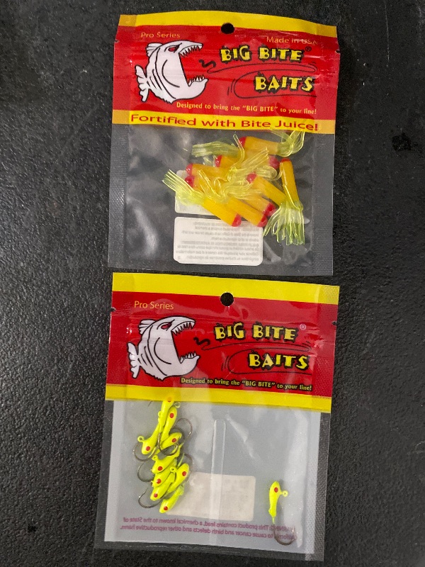 Photo 1 of Big Bite Jig Single Eye Chartreuse/Red Eye 1/32 oz. 10 Pack + 1.5? Crappie Tube Red/Yellow/Chart 10 Pack