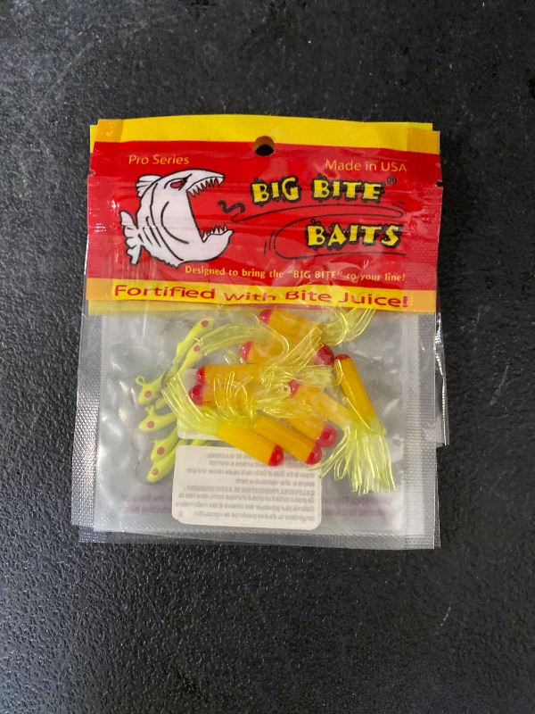 Photo 1 of Big Bite Jig Single Eye Chartreuse/Red Eye 1/32 oz. 10 Pack + 1.5? Crappie Tube Red/Yellow/Chart 10 Pack