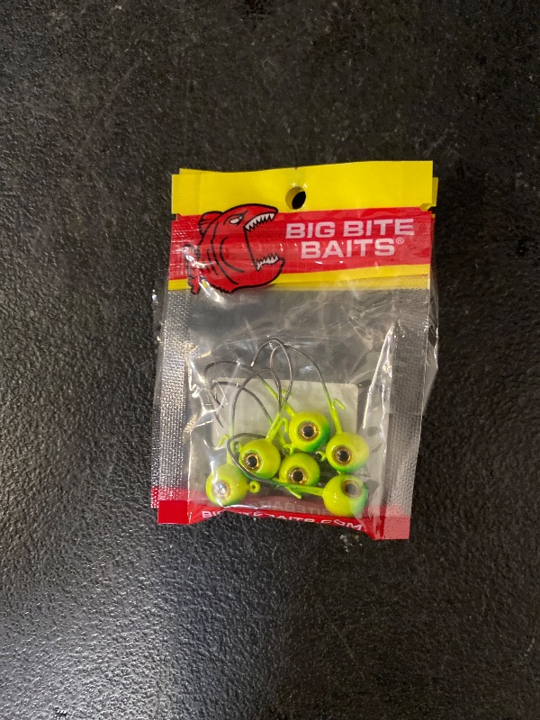 Photo 1 of Big Bite Baits BBJ Elite 1/4oz Round Ball Jighead Lime/Chartreuse 6 Pack + Big Bite Baits BBJ Jig Heads Bare Shad, 1/32 Oz. , 10 Pack