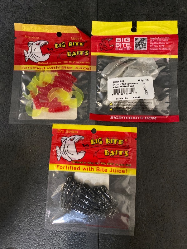 Photo 1 of Fat Grub Curl Tail, 2" Red Chart 10Pk + Big Bite Baits 2" Curly Tail Crappie Minnr Grub Silver Glitter/Pearl 10 Pack + 1.5 in. Crappie Tube, Smoke Sparkle, 10PK