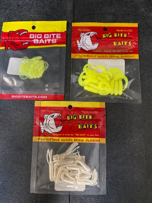 View 4 of Big Bite Baits 1" Curl Tail Single Tail Grub Chartreuse Pearl 10 Pack + Big Bite Baits 2" Curl Tail Grub Opaque Chart Fishing Lure Pack of 10 + Big Bite Baits 1.5" Glow Crappie Tube/Pearl Glow (10 Pack)