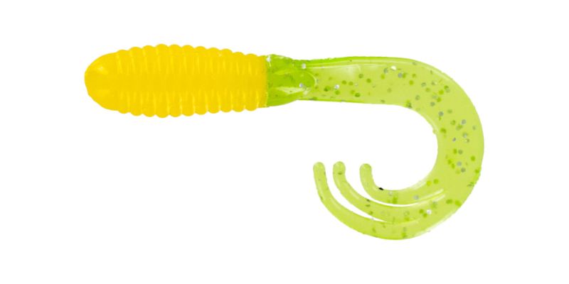 Photo 1 of Big Bite Triple Tip Grub 2" 10ct Yellow Chartreuse Shiner + Big Bite Baits 1/32 oz. Round Ball Jigheads 25-Pack Orange/Chart