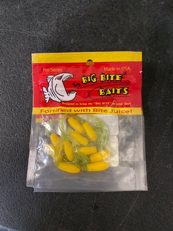 Photo 1 of Big Bite Triple Tip Grub 2" 10ct Yellow Chartreuse Shiner + Big Bite Baits 1/32 oz. Round Ball Jigheads 25-Pack Orange/Chart