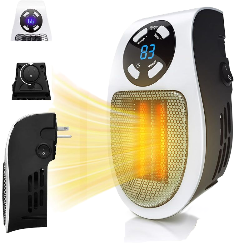 Photo 1 of 450W Mini Space Heater With Temperature Detection, Remote Wall Outlet Electric Space Heater as Seen on TV with Adjustable Thermostat and Timer and Led Display, Compact for Office Room RV (Smart-White)