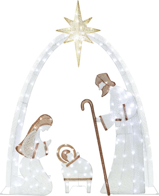 Photo 1 of 5FT Lighted Nativity Scene Set with 150 LED Lights for Christmas Decoration, Pre-Lit Iridescent Nativity Scene Xmas Decor, 3D Glittered Standing Holiday Display for Outdoor, Indoor, White