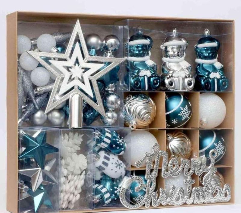Photo 1 of 70ct Christmas Ball Ornaments Set, 68 Pcs Shatterproof Blue & Silver Tree Hanging Ornaments and Merry Christmas Sign & Top Tree Toppers, Xmas Indoor Outdoor Party Home Decor