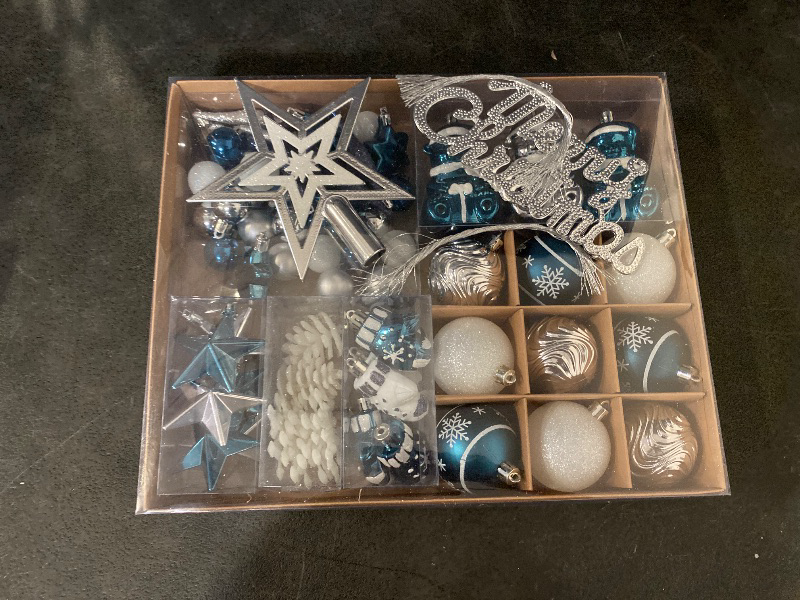 Photo 1 of 70ct Christmas Ball Ornaments Set, 68 Pcs Shatterproof Blue & Silver Tree Hanging Ornaments and Merry Christmas Sign & Top Tree Toppers, Xmas Indoor Outdoor Party Home Decor