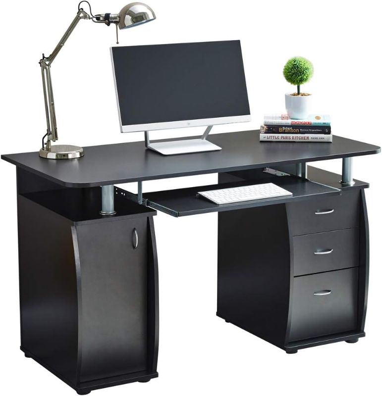 Photo 1 of RayGar Black Deluxe Design Computer Desk with Cabinet and 3 Drawers for Home Office Table Workstation - New (Black)