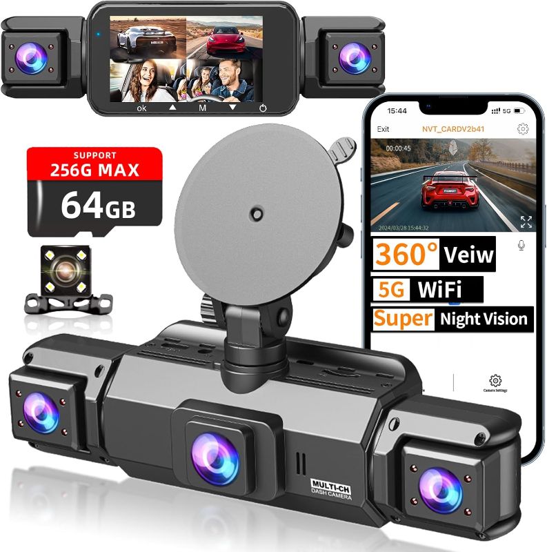 Photo 1 of 4 Channel Dash Cam Front and Rear Cabin, 360° Dash Camera ?Night Vision 8 IR Lamps Dash Camera for Cars, 5G WiFi for Download, G-Sensor, 24H/7 Parking Mode with 64GB Card,Support 256 GB Max
