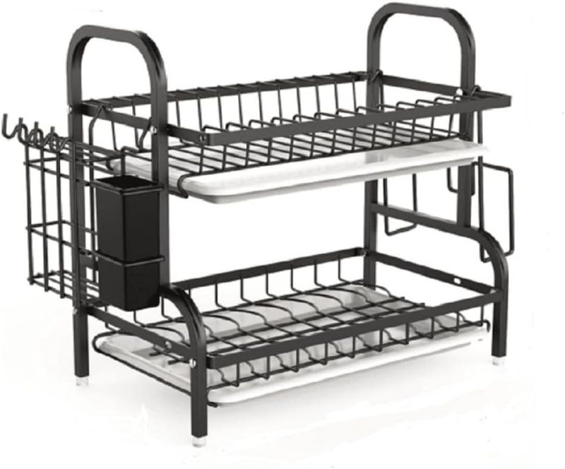 Photo 1 of 2-Tier Stainless Steel Dish Drying Rack Space Saving Kitchen Organizer for Counter, in-Sink, or Over-Sink Use, Includes Removable Drain Tray, Cutlery Holder,Utensil Holder Black