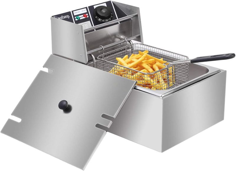 Photo 1 of 2500W MAX 110V 6.3QT6L Stainless Steel Single Cylinder Electric Fryer US Plug, ,Electric Deep Fryer Frying Basket, Stainless Steel,White