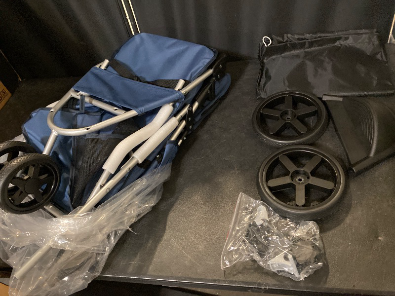 Photo 1 of 3 Wheels Pet Stroller, Foldable Dog Cat Cage Jogger Stroller with Weather Cover for All-Season, Storage Basket and Cup Holder, Breathable and Visible Mesh for Small/Medium Pets, Blue