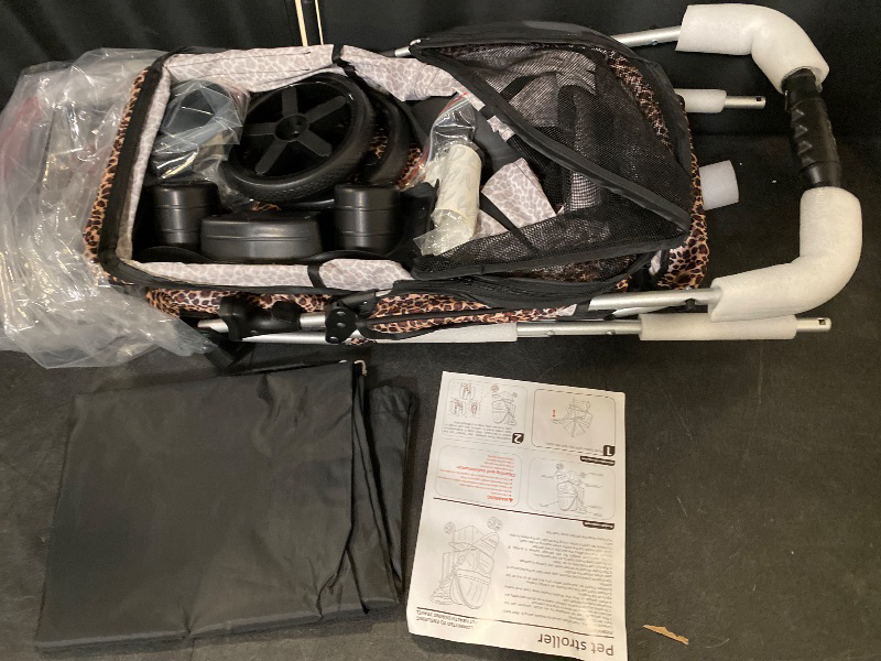 Photo 1 of 3 Wheels Pet Dog Cat Stroller for Small Medium Dogs Cats, Lightweight Foldable Jogger Stroller w/Storage Basket & Cup Holder, Leopard Print