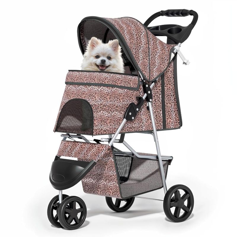 Photo 1 of 3 Wheels Pet Dog Cat Stroller for Small Medium Dogs Cats, Lightweight Foldable Jogger Stroller w/Storage Basket & Cup Holder, Leopard Print