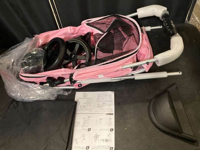 Photo 1 of 3-Wheels Foldable Pet Stroller with Waterproof Cover, Pet Strolling Cart for Small/Medium Dogs and Cats with Storage Basket and Cup Holder, Breathable and Visible Mesh for All-Season, Pink