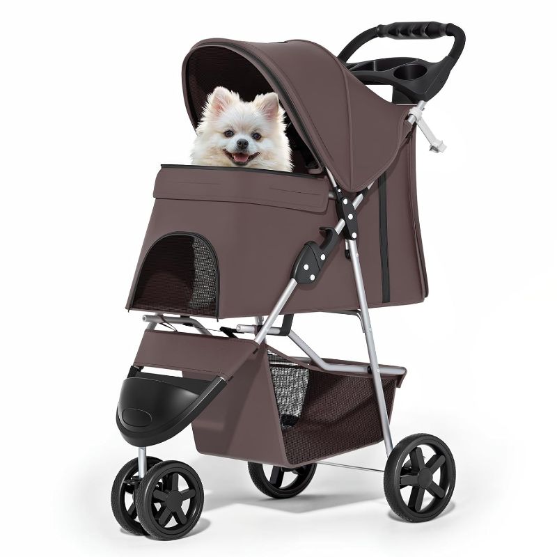 Photo 1 of 3-Wheels Foldable Pet Stroller with Waterproof Cover, Pet Strolling Cart for Small/Medium Dogs and Cats with Storage Basket and Cup Holder, Breathable and Visible Mesh for All-Season, Pink