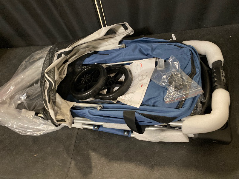 Photo 1 of 3 Wheels Pet Stroller, Foldable Dog Cat Cage Jogger Stroller with Weather Cover for All-Season, Storage Basket and Cup Holder, Breathable and Visible Mesh for Small/Medium Pets, Blue