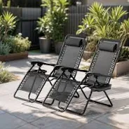 Photo 1 of (Set of 2) Patio Lounge Foldable Zero Gravity Chair with Cup Holding Tray Metal Outdoor Recliner with Gray Cushions