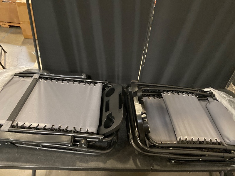 Photo 1 of (Set of 2) Patio Lounge Foldable Zero Gravity Chair with Cup Holding Tray Metal Outdoor Recliner with Gray Cushions