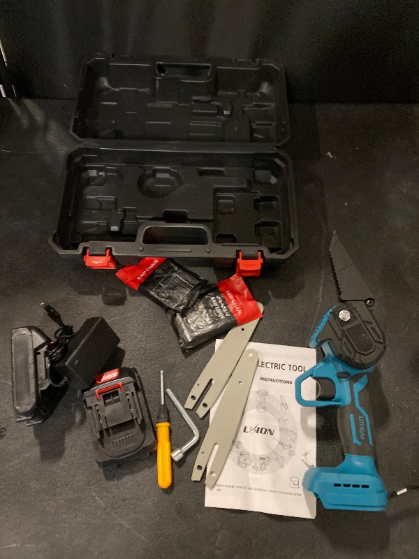 Photo 1 of 4" Mini Cordless Chainsaw: Portable Electric (Battery Powered) Handheld Chainsaw for Wood Cutting, Garden Pruning, Tree Pruning and Shrub Pruning, Blue