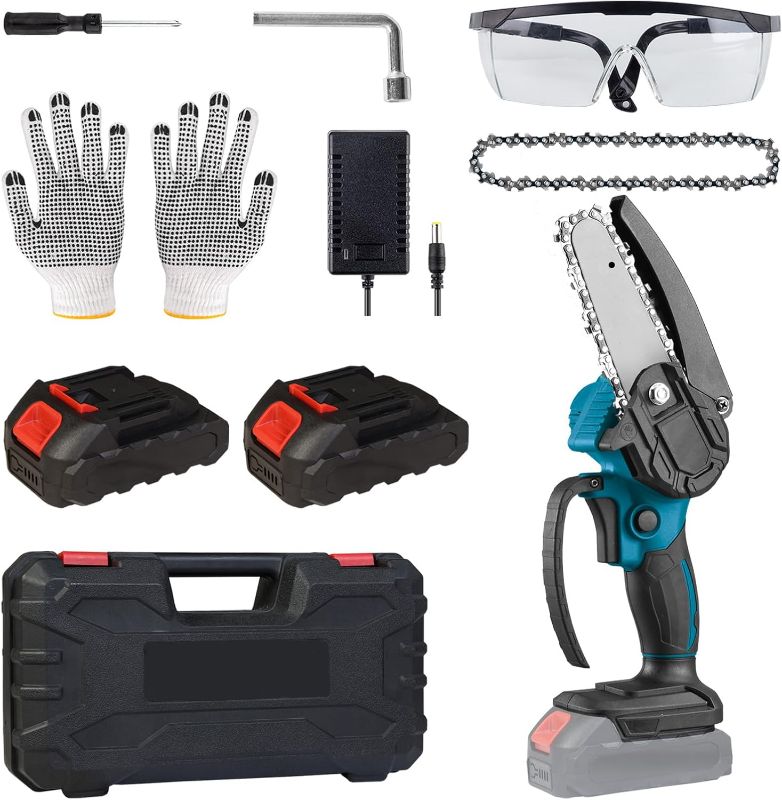 Photo 1 of 4" Mini Cordless Chainsaw: Portable Electric (Battery Powered) Handheld Chainsaw for Wood Cutting, Garden Pruning, Tree Pruning and Shrub Pruning, Blue