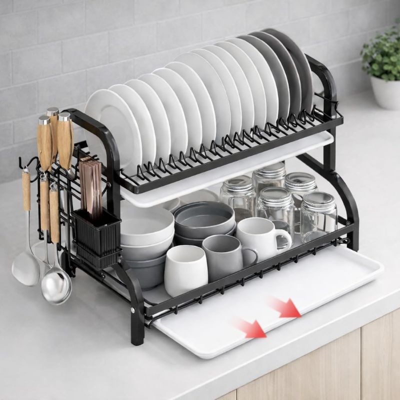 Photo 1 of 2-Tier Stainless Steel Dish Drying Rack Space Saving Kitchen Organizer for Counter, in-Sink, or Over-Sink Use, Includes Removable Drain Tray, Cutlery Holder,Utensil Holder Black