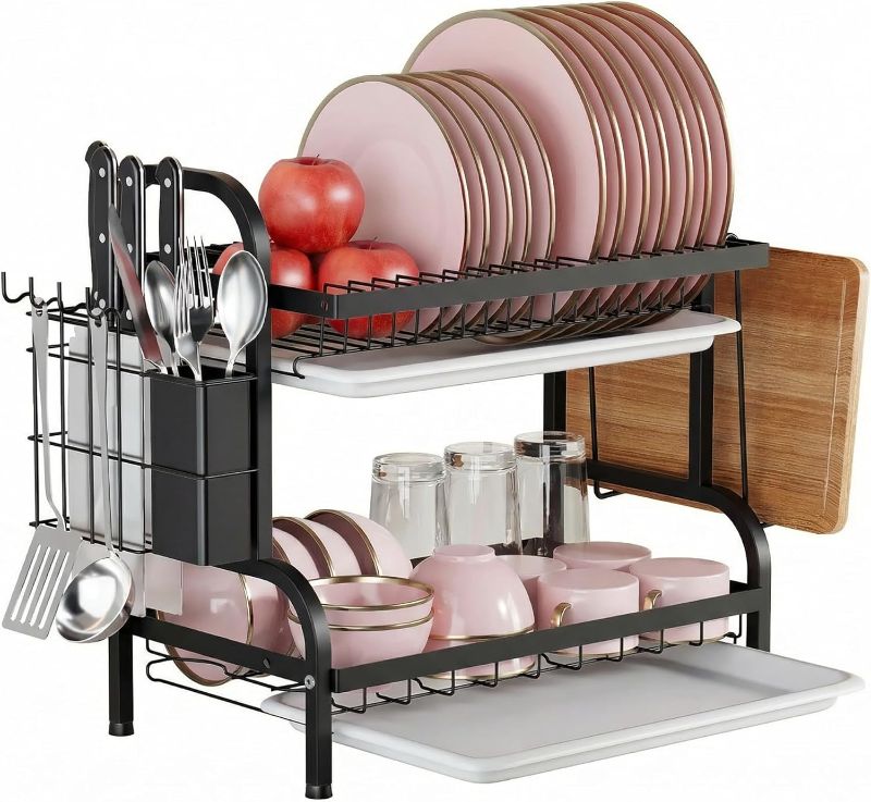 Photo 1 of 2-Tier Stainless Steel Dish Drying Rack Space Saving Kitchen Organizer for Counter, in-Sink, or Over-Sink Use, Includes Removable Drain Tray, Cutlery Holder,Utensil Holder Black