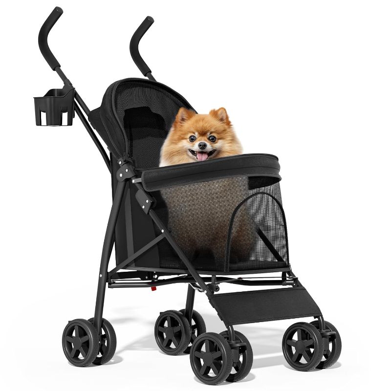 Photo 1 of 4 Wheels Pet Stroller, Easy-Fold Puppy Cage Jogger Stroller with Sun Cover, Pad and Rear Storage Bag, Breathable and Visible Mesh for Small/Medium Pets up to 22 lbs, Black