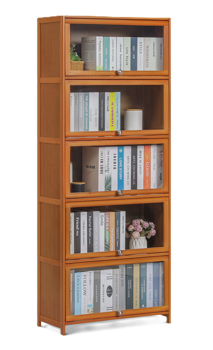 Photo 1 of Bamboo/Acrylic 5 Shelves Bookcase with Door, Display Storage Rack, Brown, for Living Room (Length 27.2")