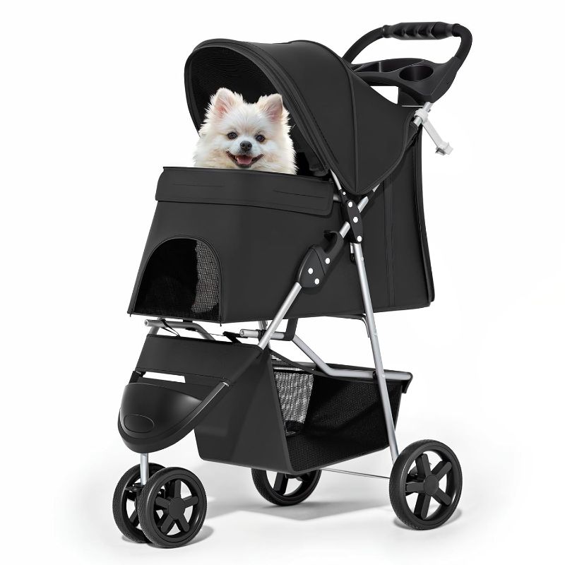 Photo 1 of Foldable Pet Stroller with Weather Cover, 3 Wheels Pet Strolling Cart for Small/Medium Dogs and Cats with Storage Basket and Cup Holder, Breathable and Visible Mesh for All-Season, Black