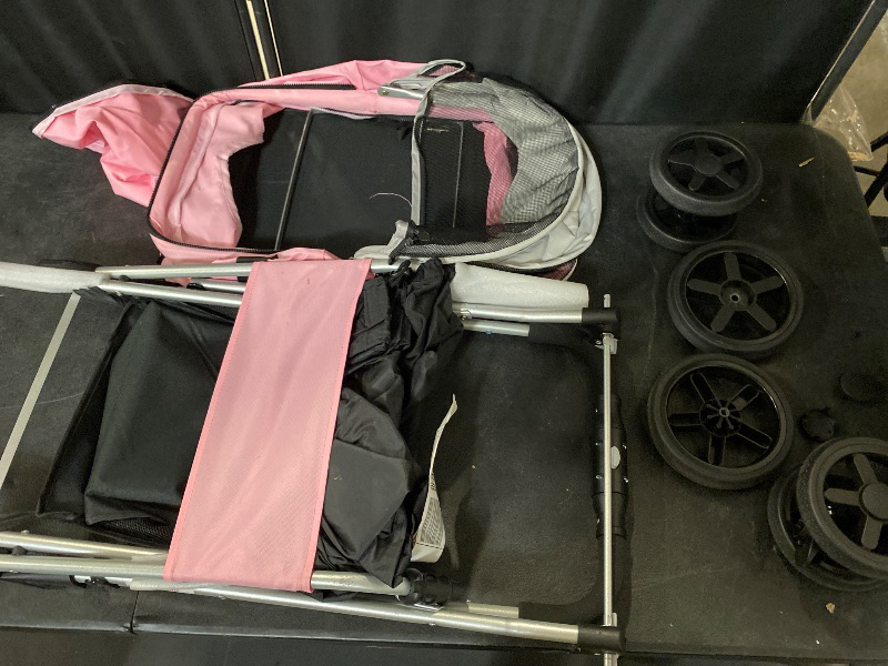 Photo 1 of 3 Wheels Pet Stroller, Foldable Dog Cat Cage Jogger Stroller with Weather Cover for All-Season, Storage Basket and Cup Holder, Breathable and Visible Mesh for Small/Medium Pets, Pink