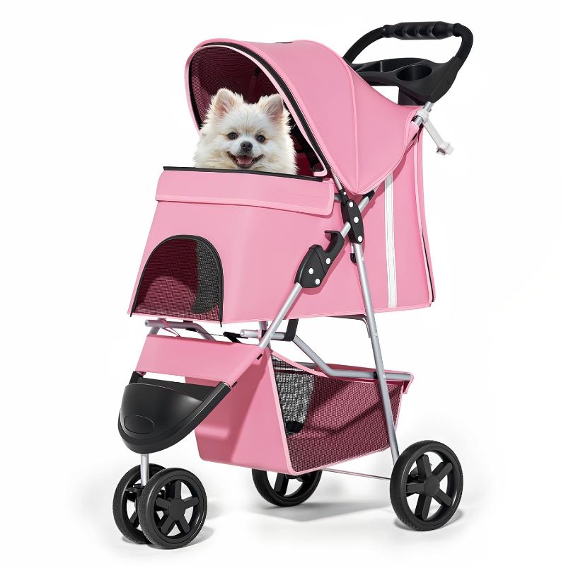 Photo 1 of 3 Wheels Pet Stroller, Foldable Dog Cat Cage Jogger Stroller with Weather Cover for All-Season, Storage Basket and Cup Holder, Breathable and Visible Mesh for Small/Medium Pets, Pink
