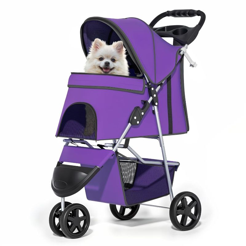 Photo 1 of 3 Wheels Pet Dog Cat Stroller for Small Medium Dogs Cats, Lightweight Foldable Jogger Stroller w/Storage Basket and Cup Holder, Purple
