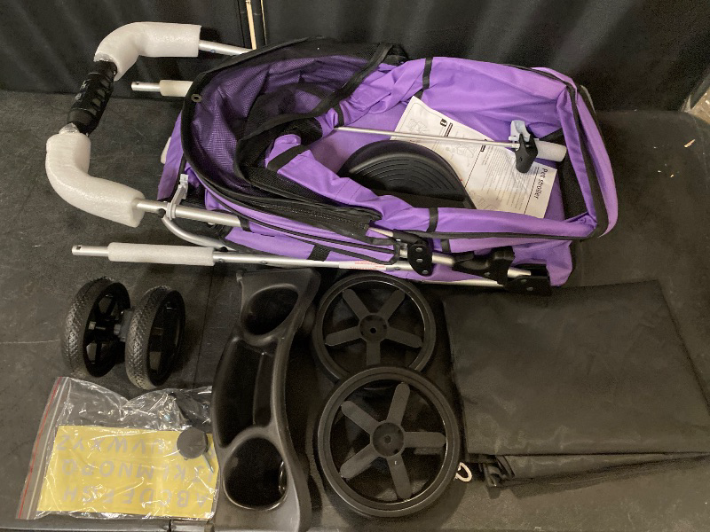 Photo 1 of 3 Wheels Pet Dog Cat Stroller for Small Medium Dogs Cats, Lightweight Foldable Jogger Stroller w/Storage Basket and Cup Holder, Purple