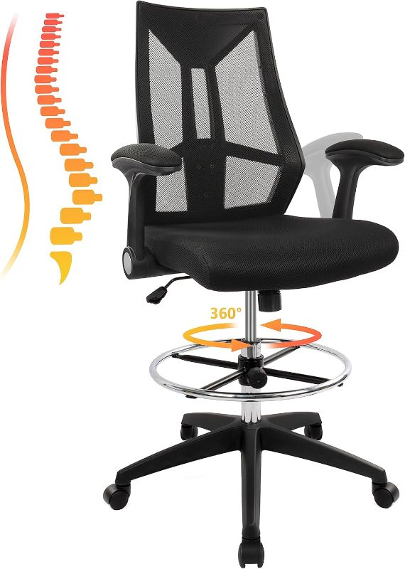 Photo 1 of HYLONE Drafting Chair, Tall Office Chair, High Back Standing Desk Chair Mesh Drafting Stool with Adjustable Foot Ring and Flip-Up Arms(Black)