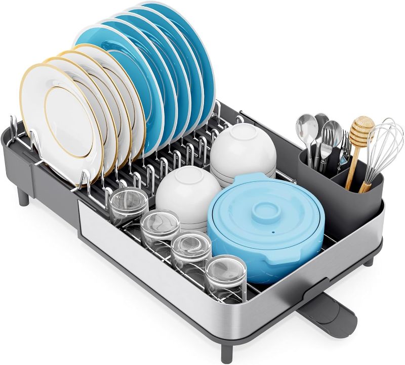 Photo 1 of Dish Drying Rack, 304 Stainless Steel Dish Drainer with Removable Utensil Holder & Drain Board, Rustproof Space-Saving Dish Rack for Kitchen Countertop, Grey