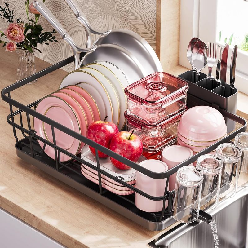 Photo 1 of Dish Drying Rack for Kitchen Counter, Kitchen Dish Rack Black, Large Sink Dish Drainer Dryer Rack Small Space, Kitchen Dishes Strainer Drying Rack with Drain Board Cup Holder Cutlery Holder