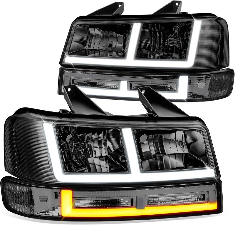 Photo 1 of F-Style LED DRL Headlight+Parking/Turn Lamps Set Compatible with 03-14 Express/Savana 1500, 03-23 Express/Savana 2500 3500,Smoked/Clear,HL-LB3-CEGS03-4P-SM-CL1