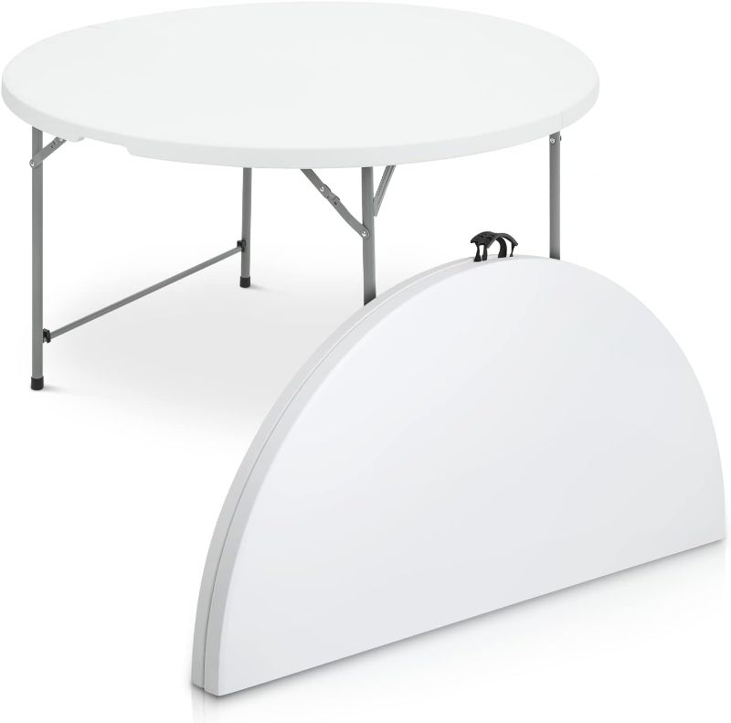 Photo 1 of 4.5Ft Round Folding Table, Indoor Outdoor Plastic Dining Card Table with Handle and Lock for Picnic Party Banquet Wedding, White
