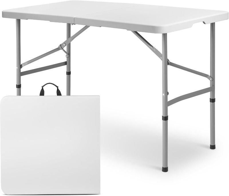 Photo 1 of 4ft Plastic Folding Table, Indoor Outdoor Collapsible Portable Dining Table w/Handle, Ideal for Picnic Party Camping, White